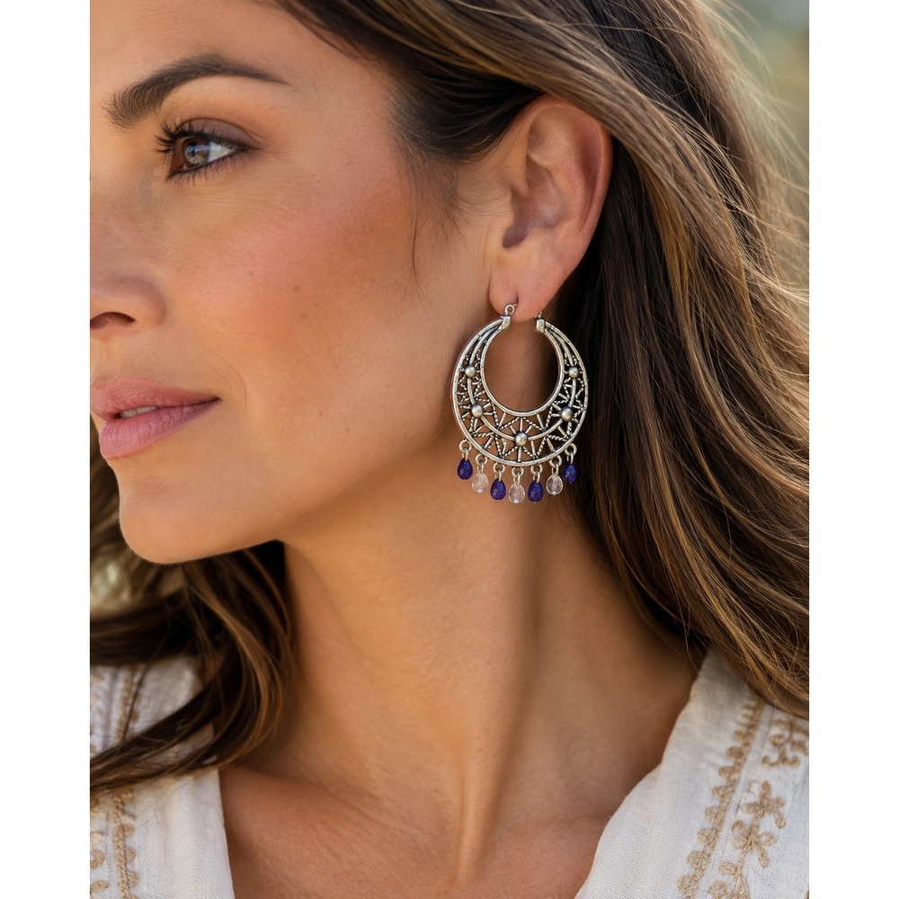 Silver Tone Filigree Hoop Dangle Earrings Blue Clear Acrylic Bead Boho Statement